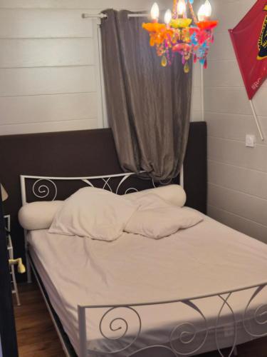 a bedroom with a bed with a curtain and a chandelier at le Tic Tac in Vergongheon