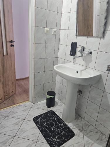 a bathroom with a sink and a mirror at Apartament Kościuszki in Malbork
