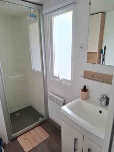a bathroom with a shower and a white sink at La plage in Canet-en-Roussillon