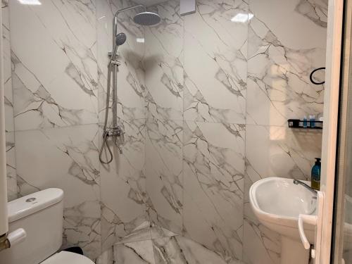 a bathroom with a shower and a toilet and a sink at Oasis in Akhaltsikhe
