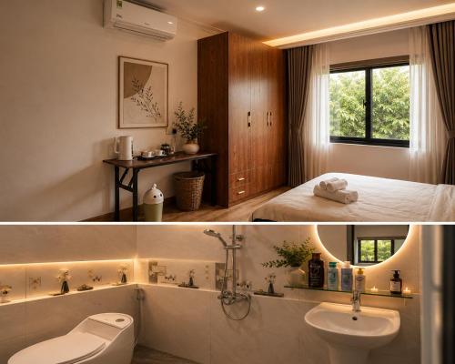 a bathroom with a sink and a toilet in a room at SaPa PAPA - Architect's Hidden Sanctuary - Only 4 rooms hidden in a secret botanical garden - 3 minutes from Sapa Station - Privacy & Privilege for stylish insiders in Sapa
