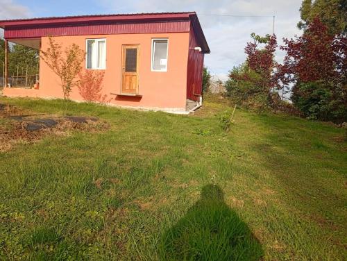 a shadow of a person standing in the grass in front of a house at Nika's Home in Ureki