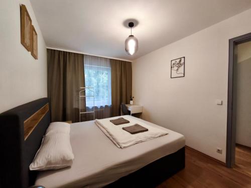 a bedroom with a bed and a window at Family Suites & Parking in Baden-Baden