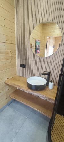 a wooden bathroom with a sink and a mirror at Mazurska Puszcza domek pod brzozą in Dźwierzuty