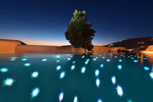 a tree in the middle of a swimming pool at night at Mykonos Grand Hotel & Resort in Agios Ioannis Mykonos