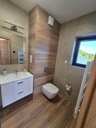a bathroom with a toilet and a sink and a window at Widokowa Dąbrowa in Dąbrowa