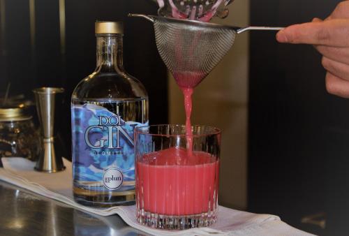 a person pouring a drink into a glass with a bottle of gin at Hotel Rotwand in Laives