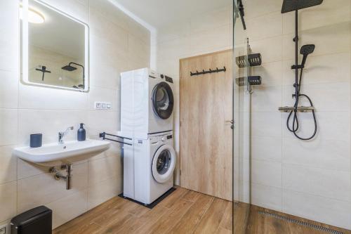 a bathroom with a washing machine and a sink at Apartmán U mlýnu in Červená Voda