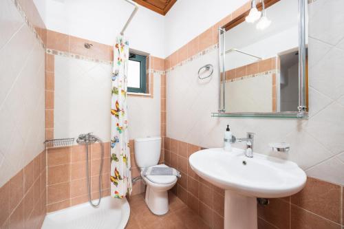 a bathroom with a sink and a toilet and a mirror at Spiros Beach Villa in Frangokastello