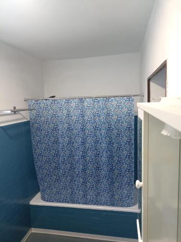 a bathroom with a shower with a blue shower curtain at Ël Sautafoss in Agliè