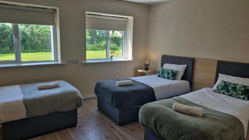 a room with two beds and a chair and two windows at Large two bedroom apartment Athlone in Athlone