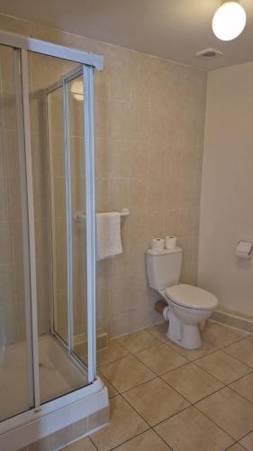 a bathroom with a toilet and a glass shower at Large two bedroom apartment Athlone in Athlone