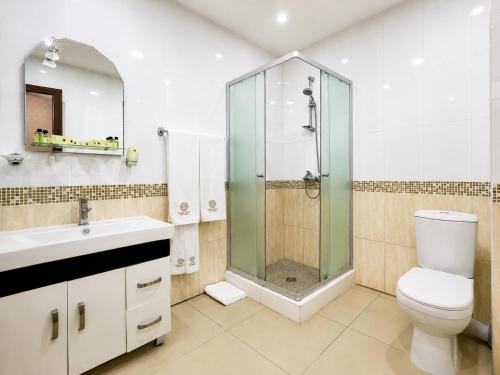 a bathroom with a shower and a toilet and a sink at Cathedral Plaza Hotel in Gyumri