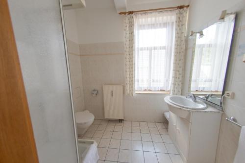 a white bathroom with a sink and a toilet at Aparthaus Schmiedeschenke in Dresden