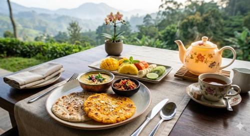 a table with two plates of food and a cup of coffee at woods hut in Nuwara Eliya