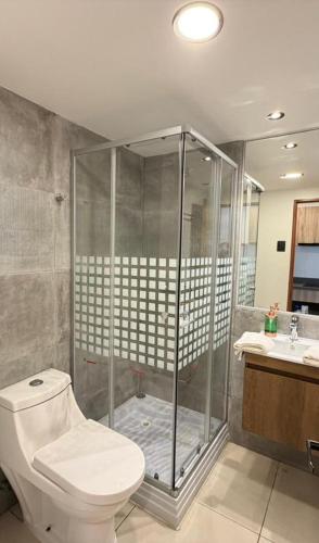 a bathroom with a shower and a toilet and a sink at Hoteles JMC in Antofagasta