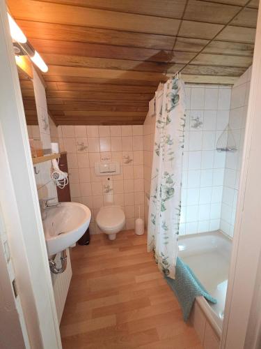 a bathroom with a tub and a toilet and a sink at Haus Sonnengarten nähe Salzburg mit 2 Bäder in Siegsdorf