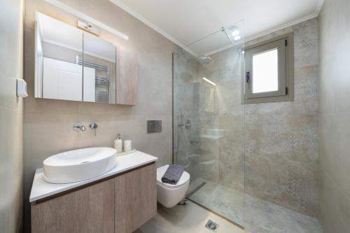 a bathroom with a toilet and a sink and a shower at La Villa Du Soleil in Sami