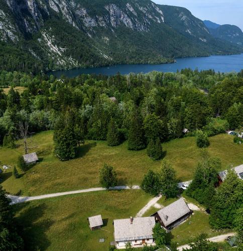 an aerial view of a farm with a lake and mountains at Bohinj Star Apartments in Bohinj