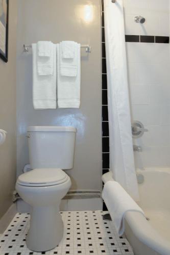 a bathroom with a white toilet and a shower at Gardner Hotel & Hostel in El Paso