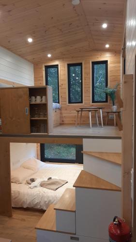 a room with a bed and some windows at Tiny Gaumaise - Tiny house à Saint-leger in Saint-Léger