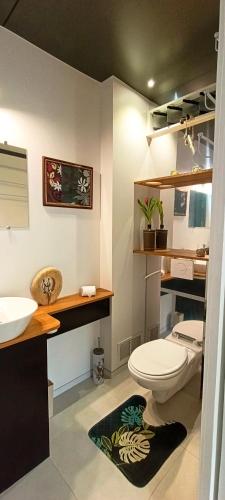 a bathroom with a toilet and a sink at Teonetere Iti in Teahupoo