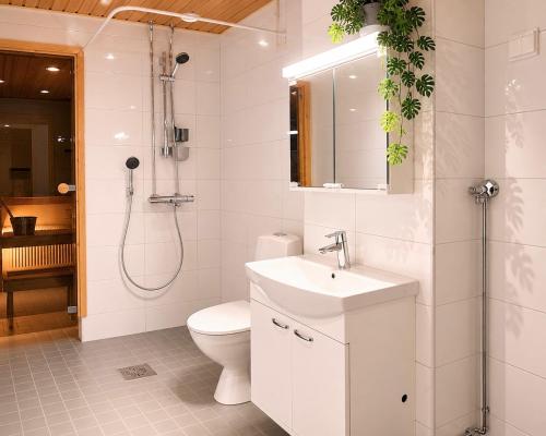 a bathroom with a toilet and a sink and a shower at Central location with sauna, private yard & parking in Rovaniemi