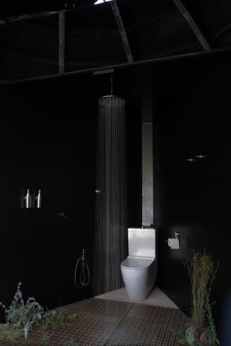 a bathroom with a toilet in a black room at Cosmo Camp in Montepescali