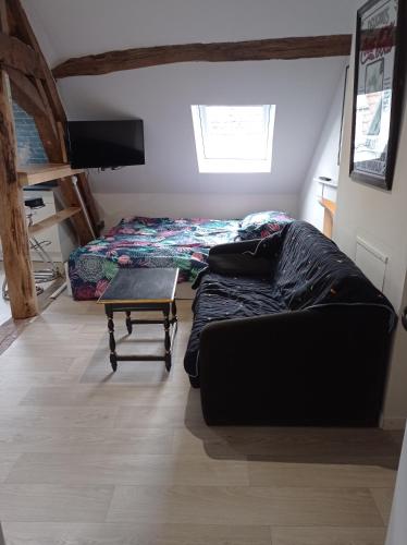 a living room with a couch and a bed at Studio de charme in Lormes