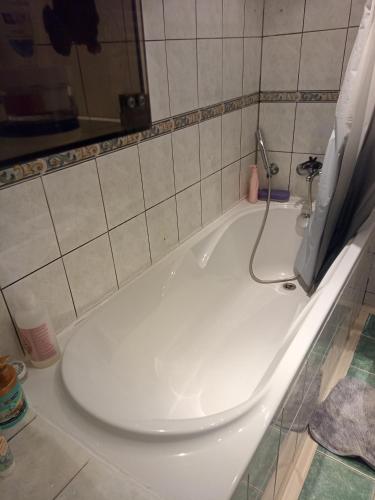 a bathtub in a bathroom with an open shower curtain at Pohádka in Kunratice