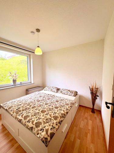 a bedroom with a bed in a room with a window at Sorpesee Stay in Sundern