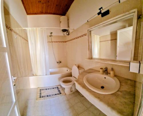 a bathroom with a sink and a toilet and a mirror at Pefkos Sea Shell in Pefki