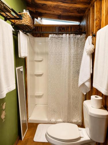 a bathroom with a shower and a toilet and towels at JAWS Retreat Bungalow in Haleiwa