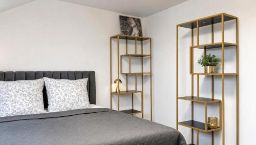 a bedroom with a bed and some shelves at Dreiländer Blick Apartments in Lörrach