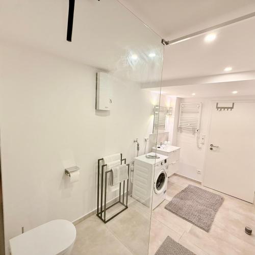 a bathroom with a washing machine and a toilet at Ewelinas Altstudio in Sundern