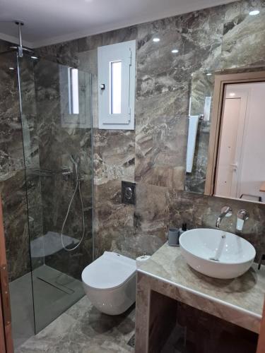 a bathroom with a toilet and a sink and a shower at Matina Studios in Kefalos