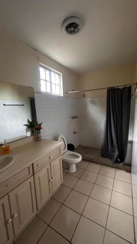 a bathroom with a toilet and a sink and a mirror at Hostal Sam in Managua