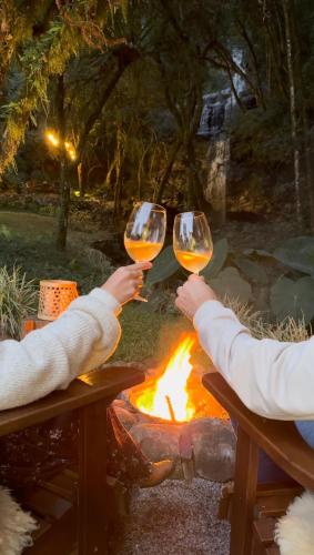 two people holding wine glasses in front of a fire at Lumine Cabanas- Chalé na Serra Gaúcha in Farroupilha