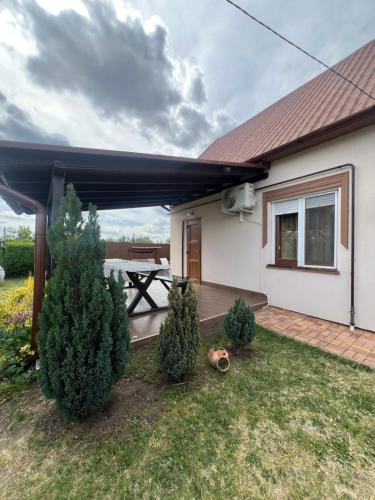 a patio with a picnic table in front of a house at Éva Vendégház in Hajdúnánás