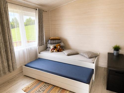 a bed in a room with a window at Jaunas Ilgas in Medumi