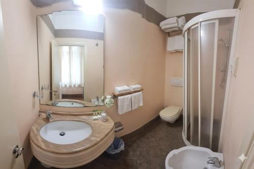 a bathroom with a sink and a shower and a toilet at Hotel Conti in Rimini