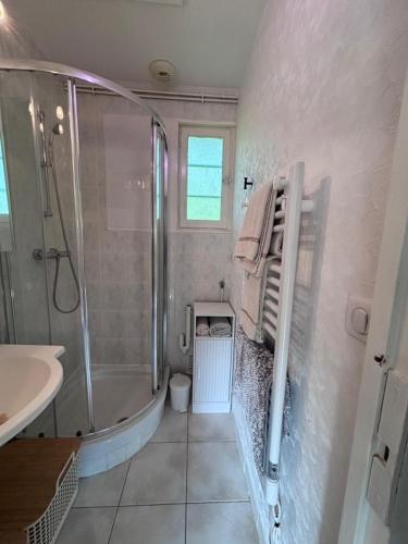 a bathroom with a shower and a tub and a sink at la maisonnette in Nogent-le-Rotrou