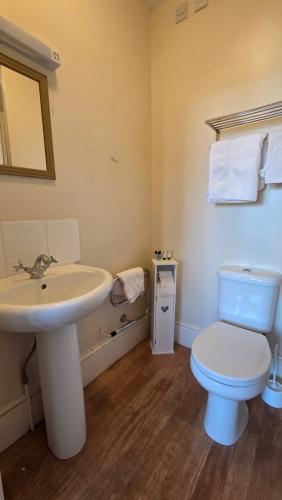 a bathroom with a white sink and a toilet at The Boughton Peterchurch - Pub Grub & Bed in Peterchurch