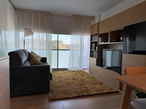 a living room with a couch and a television at Na Outra Margem - Douro River Views - Free Parking in Vila Nova de Gaia
