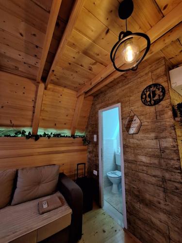 a living room with a couch in a wooden room at Medeni brijeg in Donji Potok