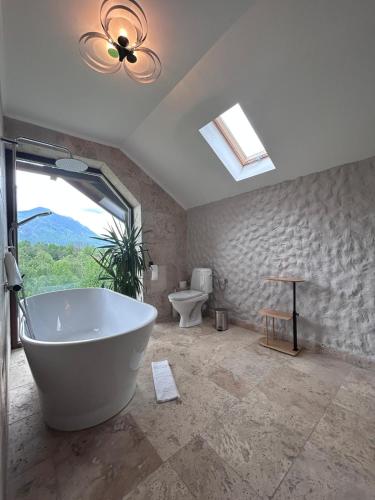 a bathroom with a large tub and a toilet at Crai Stone House in Bran