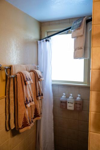 a bathroom with a shower with towels and a window at Riverview Cabin at O-Bar-O in Durango
