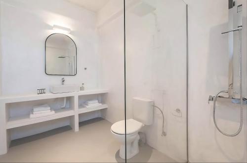 a bathroom with a toilet and a sink and a shower at Aura Sun Villa in Agios Romanos