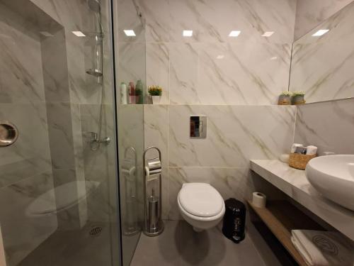 a bathroom with a shower and a toilet and a sink at Railway studio 3 - Luxury Suite in Byblos - Central & Relaxing in Jbeil