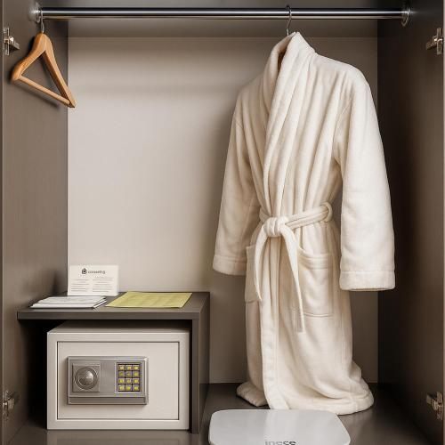 a robe is hanging on a rack next to a microwave at Blue Moon Hotel in Erbil